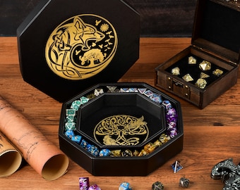 Dice Tray for Dungeons and Dragons D&D - Gold World Tree and Wolf Raven Design - 9" Rolling Tray and Storage Box Holder for RPG and DND