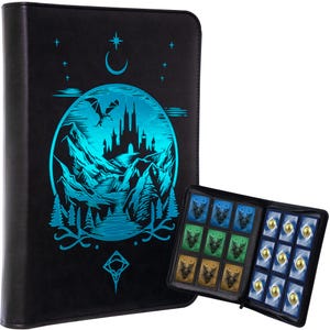 May include: A black zippered trading card binder featuring a metallic blue graphic of a castle, mountains, and a crescent moon on the cover. The open binder displays two pages of nine card slots each, containing various dragon-themed trading cards.