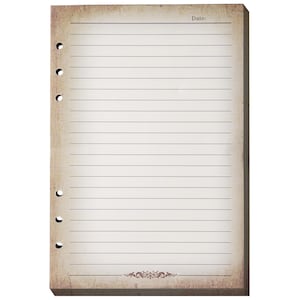 May include: A vintage-style lined paper notepad with a weathered, sepia-toned appearance. The top of the page has the word "Date:" printed. The paper has a decorative flourish at the bottom and is pre-punched for a binder.