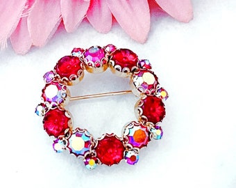 Vintage Weiss Ruby Red AB Wreath Brooch Pin