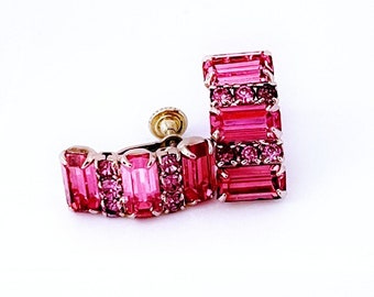 Vintage Weiss Fuchsia Pink Rhinestone Screw-back Earrings, Pink Vintage Earring