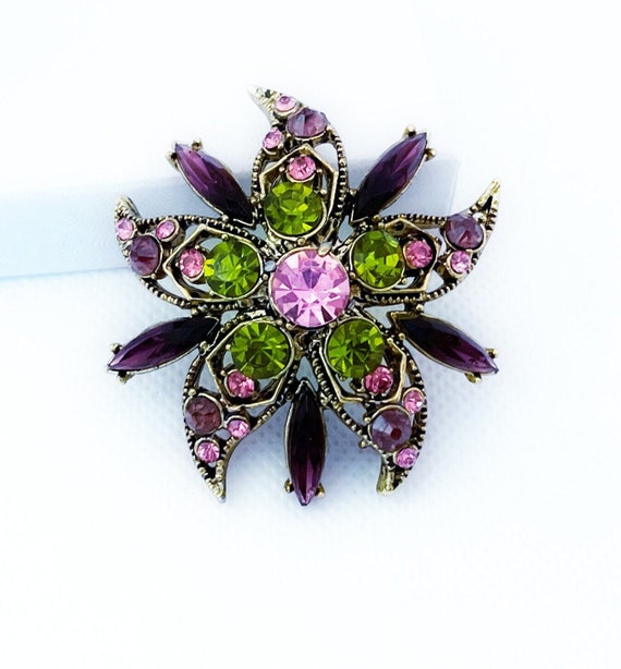 Vintage Pink Green Purple Rhinestone Brooch, Vinta