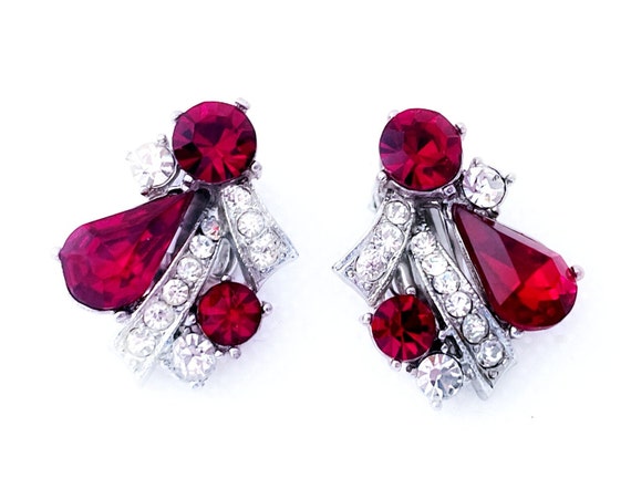 Vintage Weiss Ruby Red Rhinestone Earrings, Red E… - image 6
