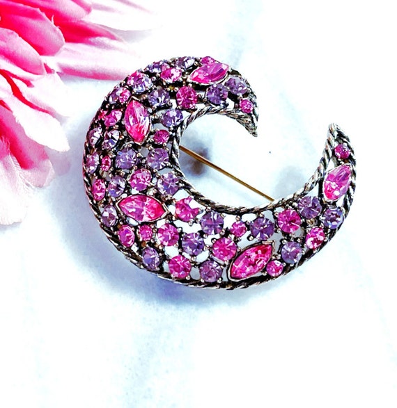 Vintage Weiss Pink Lavender Rhinestone Brooch, Vi… - image 4