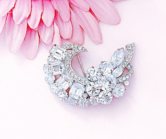 Vintage Eisenberg Rhinestone Crescent Brooch Pin,… - image 1