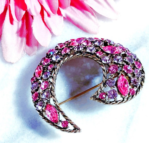 Vintage Weiss Pink Lavender Rhinestone Brooch, Vi… - image 6