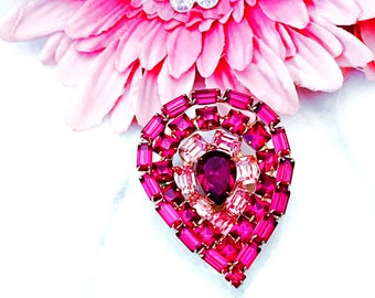 Vintage Ruby Red Pink Fuchsia Teardrop Rhinestone Brooch Pin