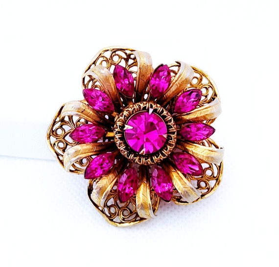 Vintage Fuchsia Pink Rhinestone Brooch, Vintage F… - image 7