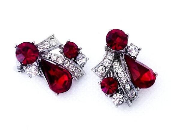 Vintage Weiss Ruby Red Rhinestone Earrings, Red E… - image 3