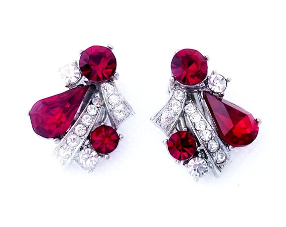 Vintage Weiss Ruby Red Rhinestone Earrings, Red E… - image 1