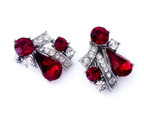 Vintage Weiss Ruby Red Rhinestone Earrings, Red E… - image 2