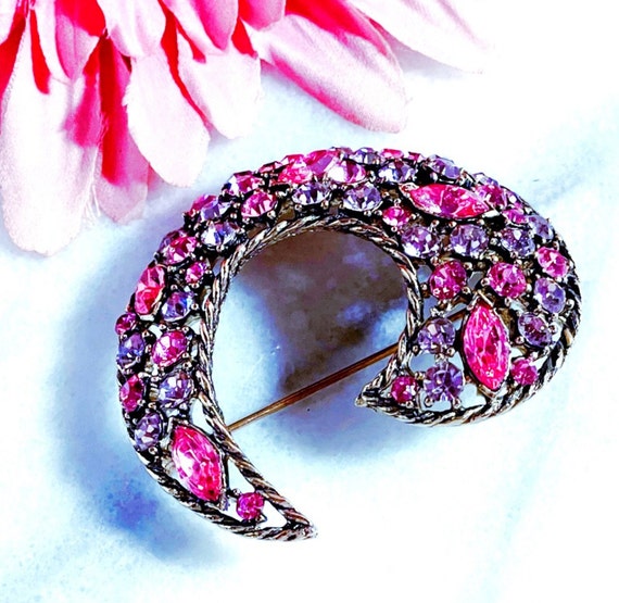 Vintage Weiss Pink Lavender Rhinestone Brooch, Vi… - image 7