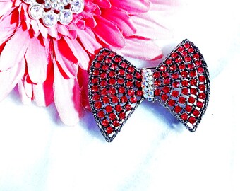 Unique Vintage Weiss Ruby Red Rhinestone Bow Brooch, Christmas Brooch, Holiday Brooch