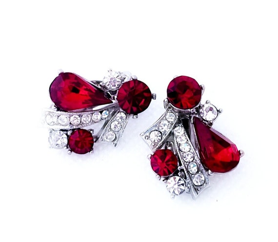 Vintage Weiss Ruby Red Rhinestone Earrings, Red E… - image 4