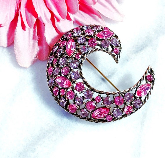 Vintage Weiss Pink Lavender Rhinestone Brooch, Vi… - image 1