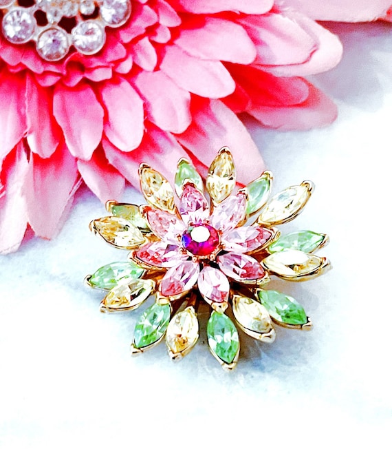 Vintage Crown Trifari Pink and Green Flower Brooch