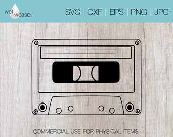 May include: A black and white line drawing of a cassette tape. The tape has a rectangular shape with a label on the top and a series of buttons on the bottom.
