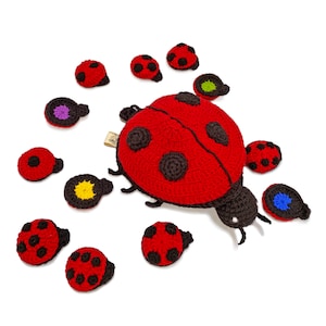 May include: A red crocheted ladybug toy with black spots and a black crocheted head and legs. The ladybug is surrounded by smaller crocheted ladybugs with different colored spots.