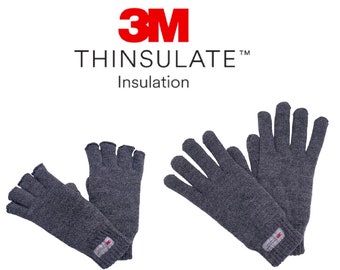 New Womens Ladies Adult Half & Full Finger Winter Warm 3M THINSULATE GLOVES, Knitted, GREY, Other colours available