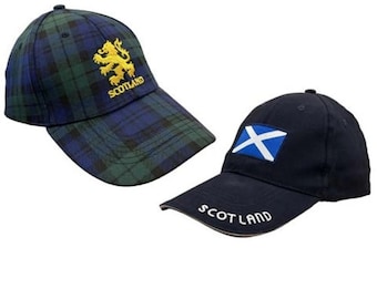 Adults 5 Panel SCOTLAND Baseball Caps, Tartan with Scottish Lion Embroidery, Blue with Scotland Flag