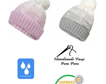 Ladies 100% WATERPROOF WINDPROOF Warm Cable Knit hat pompom Polar Fleece lining