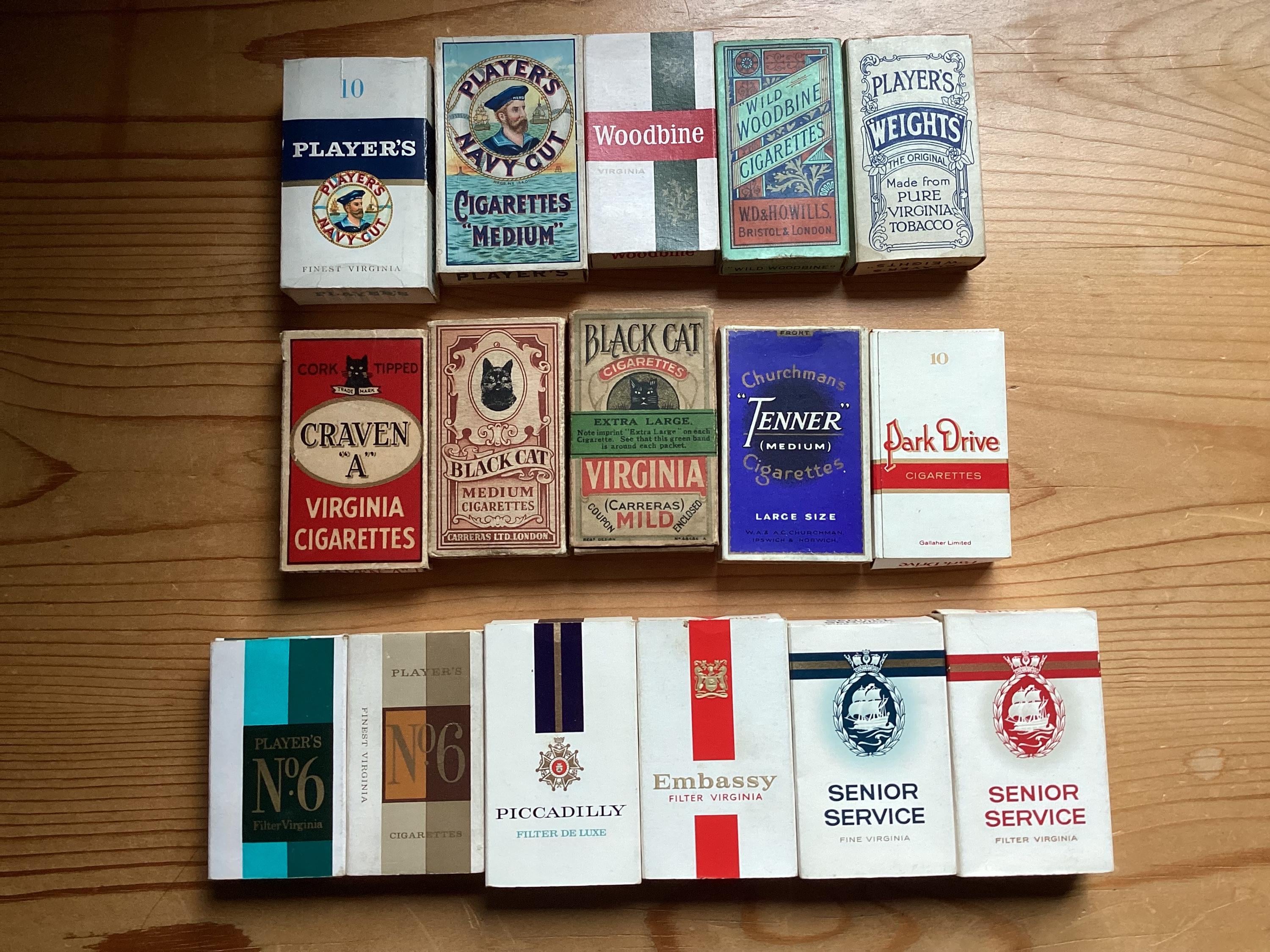 Vintage Cigarette Packets, Wills Woodbine, Craven A ,Embassy, Oliver, Black Cat, Players, No 6, Park Driver