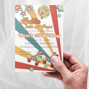 EDITABLE Retro Birthday Invitation, Roller Skate Birthday Party, Print At Home, Printable Invitation, Roller Disco, Boho Style Invite