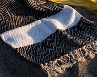 Black Turkish Cotton Beach Towel: Double Sided Peshtemal Blanket