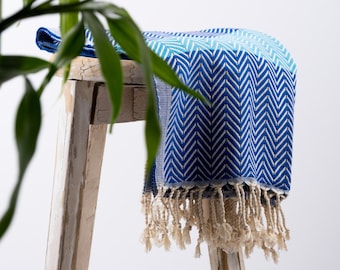 Blue Turkish Cotton Towel: Double Sided Peshtemal Beach Blanket