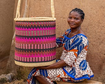 Handwoven Elephant Grass Laundry Basket: Boho Home Storage Hamper