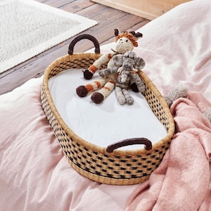 Changing Basket with Pad – Handwoven Baby Changing Tray – Neutral Boho Nursery – Vegan & Leather Handle Options