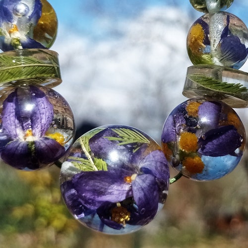 Violet and shops Mimosa necklace of purple and yellow color, green cotton threads and golden tie with fine gold