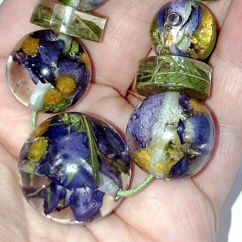 Violet and shops Mimosa necklace of purple and yellow color, green cotton threads and golden tie with fine gold
