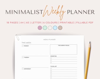 Minimalist Weekly Planner Printable: A4, A5, Letter Size (Digital Download)