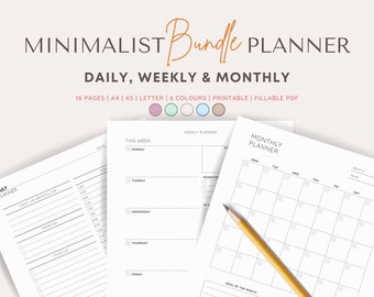 Minimalist Planner Bundle: Daily, Weekly, Monthly (Printable Digital Download)