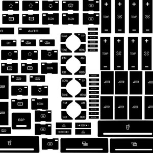 Może przedstawiać: Zbiór czarnych przycisków deski rozdzielczej samochodu z białymi ikonami i tekstem. Przyciski obejmują "AUTO", "TEMP", "ECON" oraz symbole klimatyzacji, świateł awaryjnych i funkcji radia. Obraz to szczegółowy widok.
