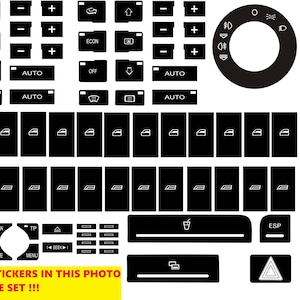 May include: A set of black car dashboard stickers with white icons and text. Includes buttons for ECON, AUTO, OFF, and window controls. The image also features a circular control panel and the text "ALL THE STICKERS IN THIS PHOTO ARE IN ONE SET !!!".