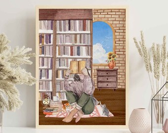 May include: A rectangular art print featuring a watercolour illustration of a person sitting on a rug reading a book in front of a tall bookshelf. The scene includes a brick wall, a window with a blue sky, a small cat, and a stack of books.