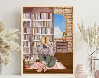May include: A watercolour painting depicting a person seated in a library, engrossed in a book. The individual is wearing a brown jumper and green trousers. The library features a large window offering a view of a blue sky and white clouds. Bookshelves filled with books line the walls in the background.