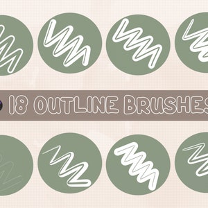 Puede incluir: Un conjunto de 18 pinceles de contorno para arte digital. Los pinceles se muestran en una cuadrícula de círculos con un fondo verde y contornos blancos. Los pinceles son de diferentes formas y tamaños, y todos están diseñados para crear una variedad de efectos.