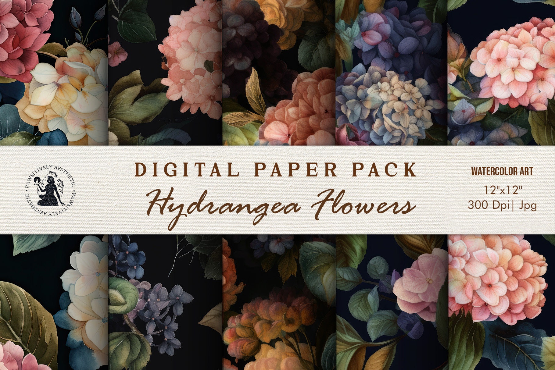 Watercolor Hydrangea Digital Paper, Scrapbooking Sheet, Floral Seamless ...