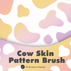 May include: A digital illustration of a cow skin pattern brush. The image shows a white background with a repeating pattern of pink, yellow, and orange abstract shapes. The text "Cow Skin Pattern Brush" is in black text and the text "44 Brushes & Stamps" is in smaller black text.