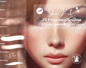May include: A digital illustration of a woman's face with a close-up of her lips and nose. The image is used to showcase a set of 87 Procreate brushes for skin, with a free color palette and glitter paper. The text "Skin Kit" and "87 Procreate Brushes + FREE color palette & glitter paper" is displayed on the image.