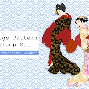 May include: Vintage Japanese-inspired pattern and stamp set with 134 Procreate brushes. The image features two women in traditional Japanese clothing with a background of a blue and white wave pattern.