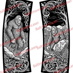 May include: Black and white graphic featuring two panels with a Bigfoot illustration. The panels have a curved shape with ornate, swirling border designs. The Bigfoot is depicted in a forest setting.