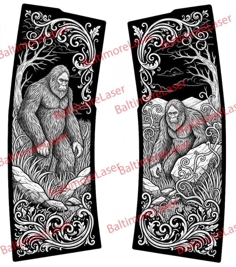 May include: Black and white graphic featuring two panels with a Bigfoot illustration. The panels have a curved shape with ornate, swirling border designs. The Bigfoot is depicted in a forest setting.