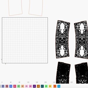 May include: Black and white laser cut designs featuring sugar skull motifs. The designs include intricate floral patterns and are displayed on a white background. The image also shows a grid and a control panel.