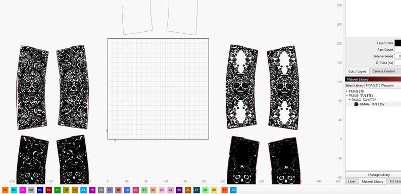 May include: Black and white laser cut designs featuring sugar skull motifs. The designs include intricate floral patterns and are displayed on a white background. The image also shows a grid and a control panel.