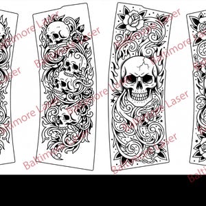 May include: Black and white illustrations of skulls and floral designs. The images feature detailed drawings of skulls, roses, and ornate scrollwork. The designs are suitable for tattoos or graphic art projects.