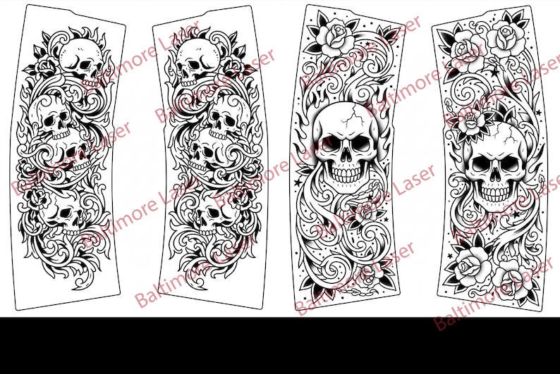 May include: Black and white illustrations of skulls and floral designs. The images feature detailed drawings of skulls, roses, and ornate scrollwork. The designs are suitable for tattoos or graphic art projects.